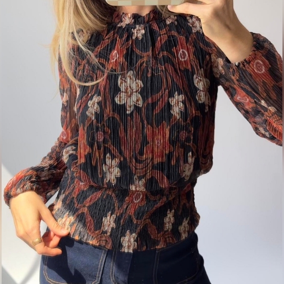 Joie Tops - Joie Black/Rust Print Elastic Waist Sheer Sleeve Top Size XL